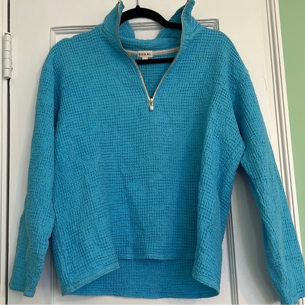 DONNI Waffle Half Zip Pullover with Pearl Charm
